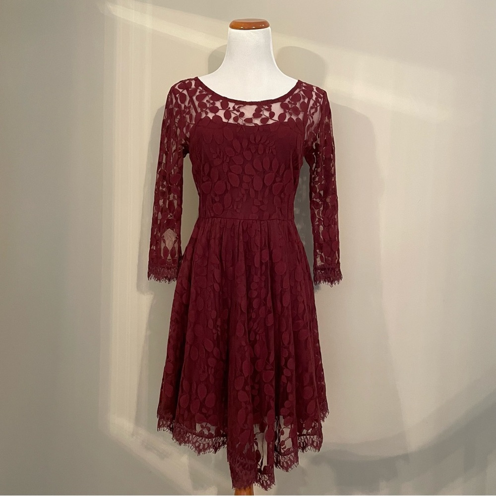 Free People Burgundy Lace Dress with Handkerchief Hem